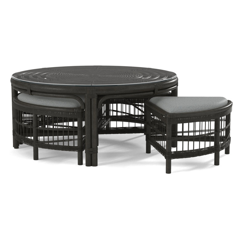 Raffles Rattan Cocktail Table with Benches, Bisque, Light Blue Performance Fabric; 0851-55