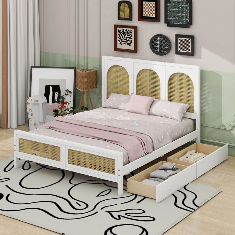 Lit plateforme avec rangement en bois et 2 tiroirs, Double, Blanc