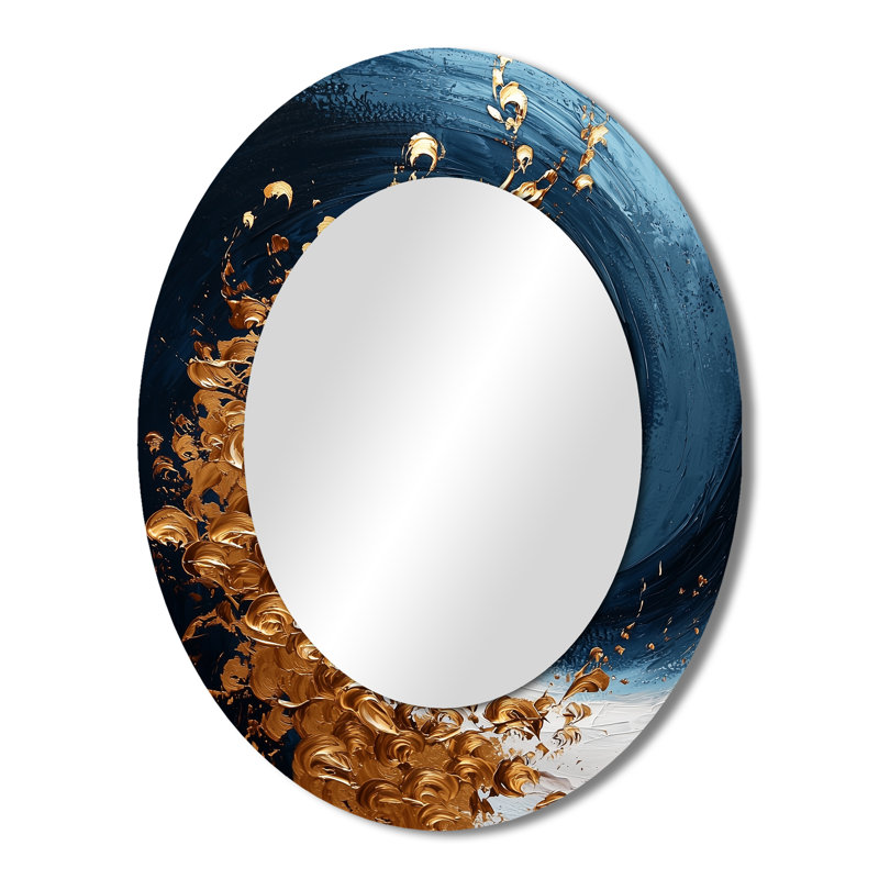 Bleu et or spiralant majestueux Vortex I - miroir décoratif ovale abstrait sur métal, 43 po x 33 po