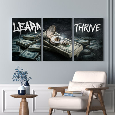 Learn Thrive Money And Pocket Watch Canvas Wrapped Wall Art Oil Painting Print Set Of 3 For Home Office Decor