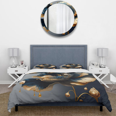 Ensemble de housse de couette en microfibre / polyester bleu foncé et or fleur simple II