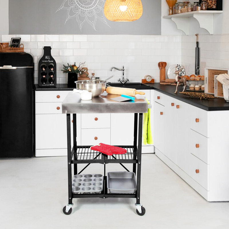 Chariot de cuisine pliable Origami, Acier inoxydable et noir