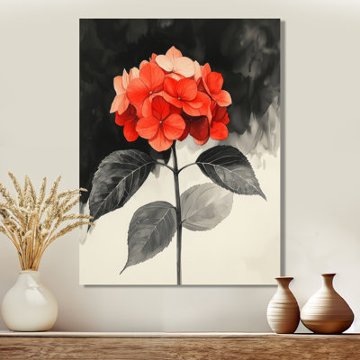 «Hortensias monochromes avec accent de pétales rouges III», reproduction d'art sur toile florale