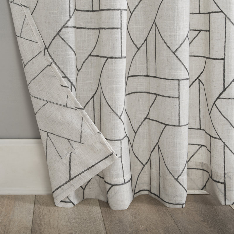 Burston Archaeo Capri Jigsaw Embroidery Linen Blend Semi-Sheer Rod Pocket Curtain Panel, 95" L x 50" W, Gray/Linen