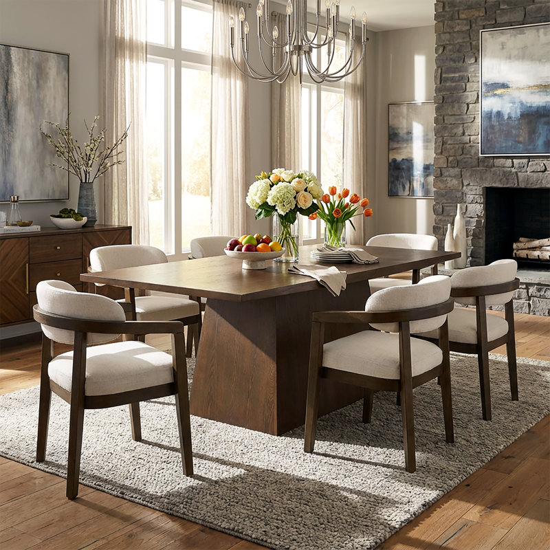 Declan 7-Piece Solid Wood Dining Table Set With Upholstered Chairs, Walnut
