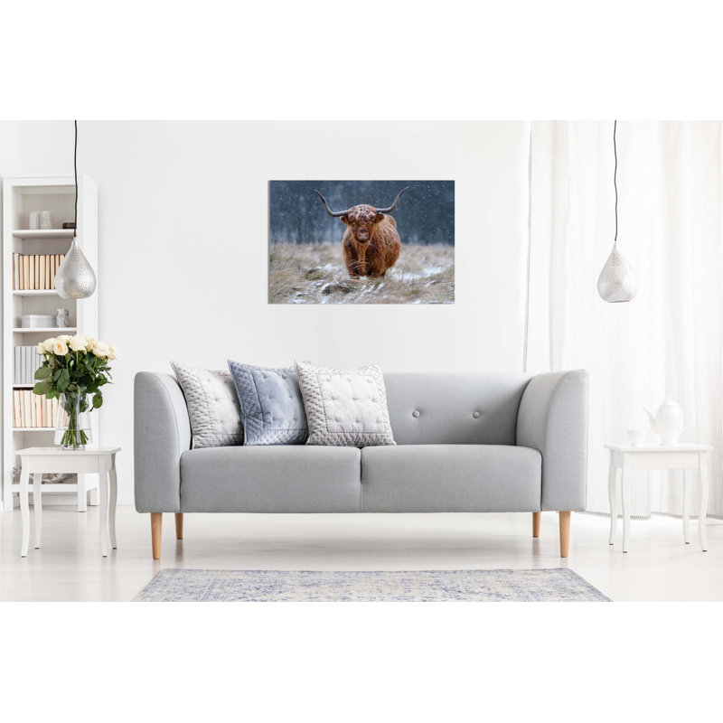 Brown Highland Cow In Snow Fields Artistic - Wrapped Canvas Art Prints, 31cm H x 20cm W