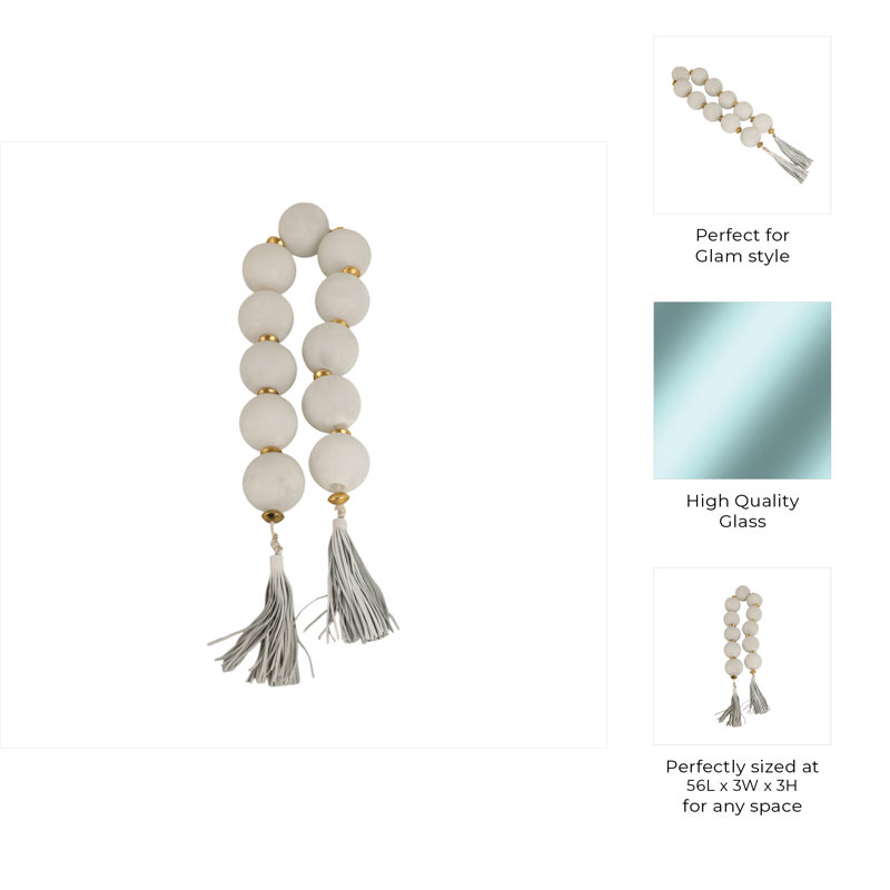 Decorative Glass Beads with Metal Accent and Leather Tassel for Home Decor - Elegant Garland for Table, Shelf, and Living Room Decoration - Ivory