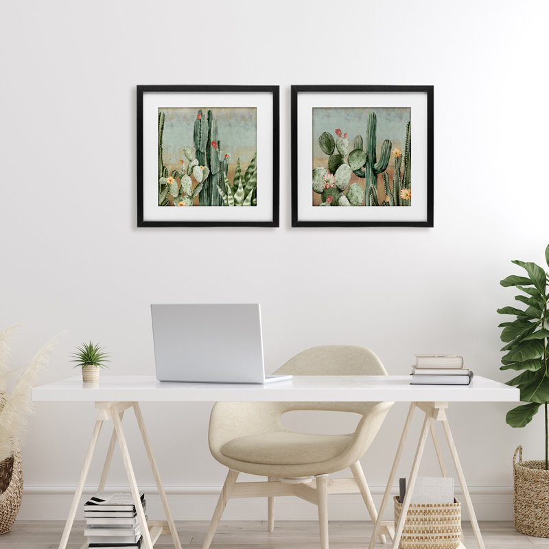 «Cactus Blooms parmi les épines», ensemble de 2 impressions sous verre encadrées, design par Luna Mavis, H 16 po x l 16 po