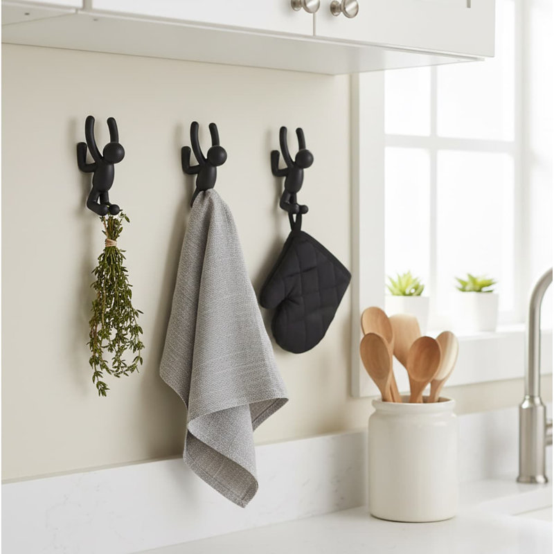 6.5" Black Buddy Wall Hooks (Set of 3) - Decorative Mounted Hooks for Coats, Scarves, Bags & Towels