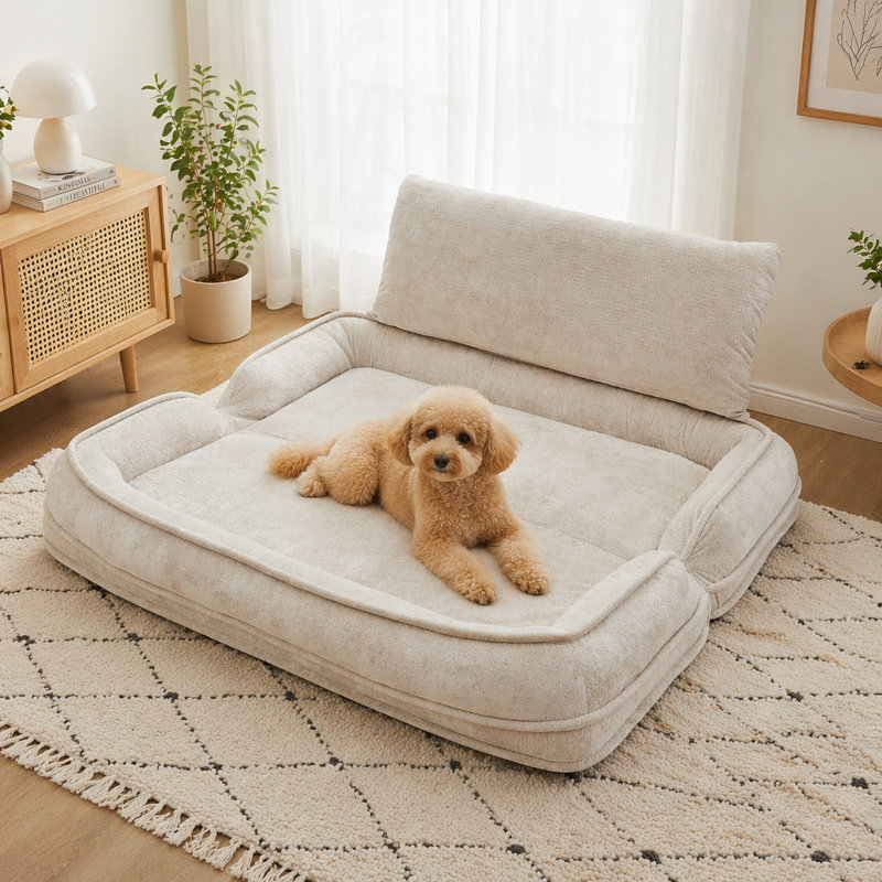 Lit double pour chien, canapé paresseux, 5 positions réglables, 2 sièges, chenille, Beige