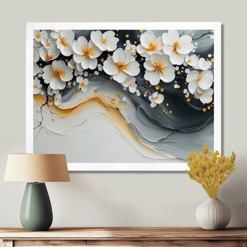 Velours cerisier en fleurs noir III - art mural cerisier en fleurs pour le salon, Cadre simple, H 12 po x l 20 po, Blanc