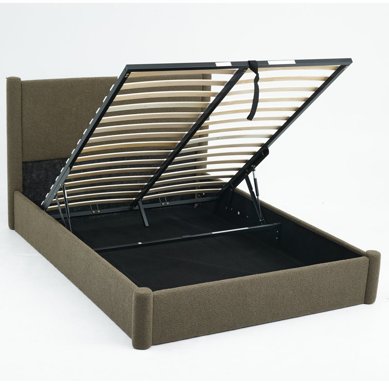 Lit plateforme rembourré Braya Luxury Boucle avec rangement et relevage hydraulique, design arrondi., Light Brown, Double
