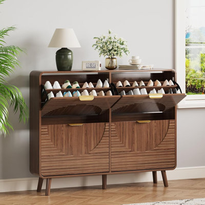 Armoire à chaussures en bois à double couche avec tiroir, unité de rangement à chaussures fermée avec tiroirs cannelés, 4 pieds et dispositif anti-basculement, convient au vestibule, au couloir, au salon