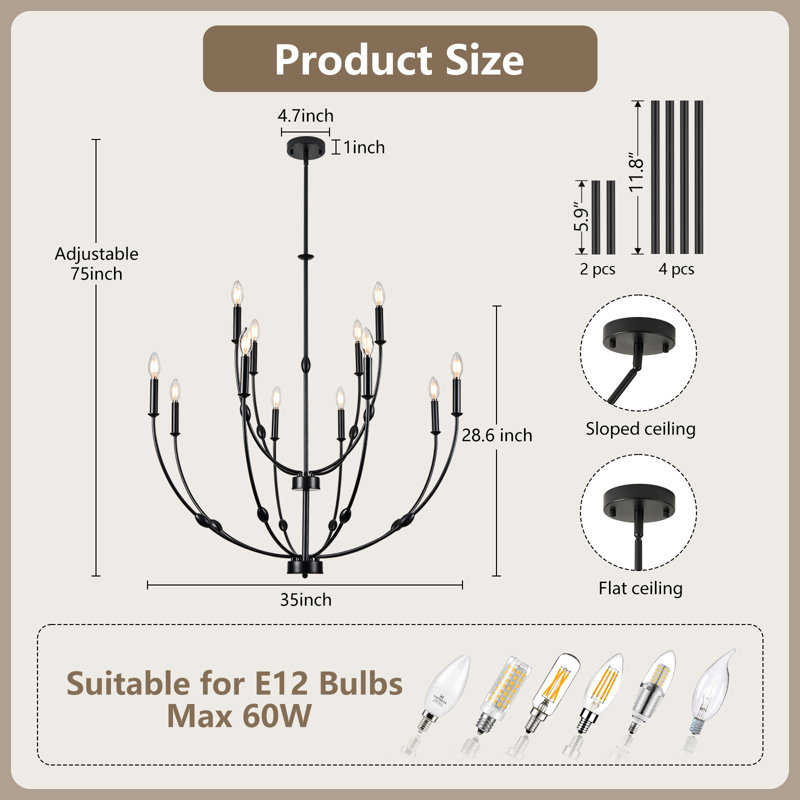12-lights Black Farmhouse Chandelier For High Ceilings, Black