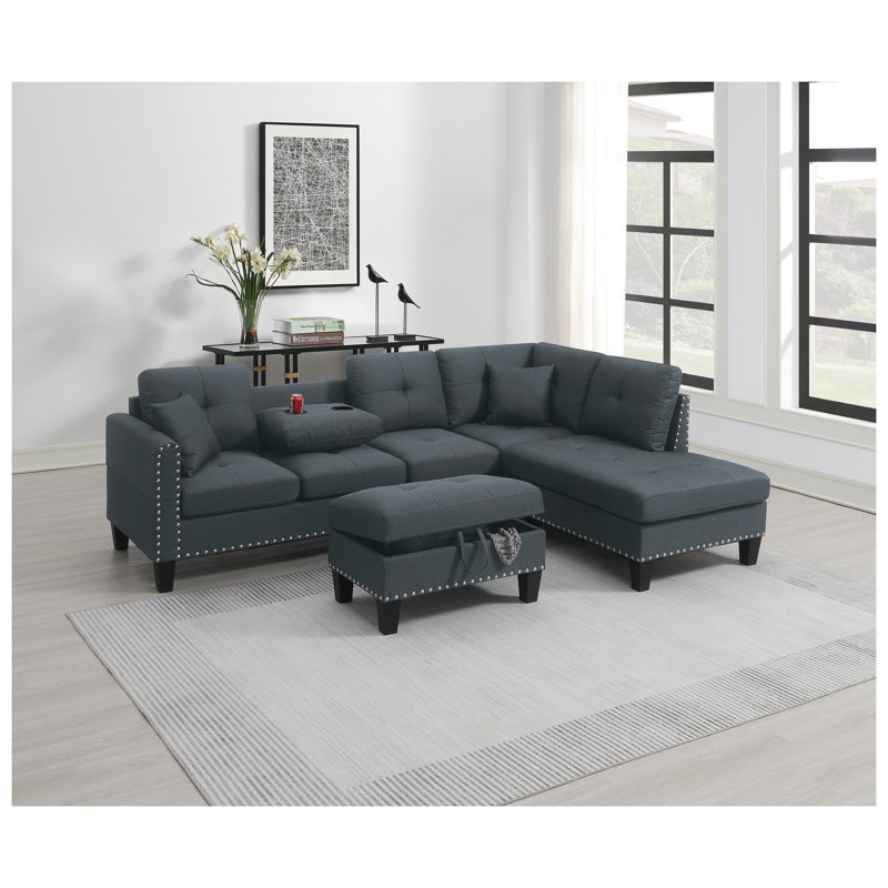 Ensemble de canapé modulaire en L 3 pièces avec repose-pieds et porte-gobelets Charcoal
