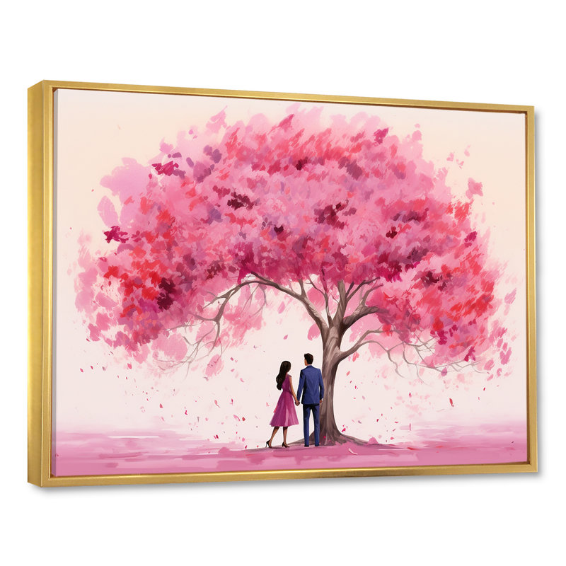 Couple romantique sous un arbre rose II - Art mural romantique,  H 34 po x l 44 po x P 1,5 po, Cadre flottant doré