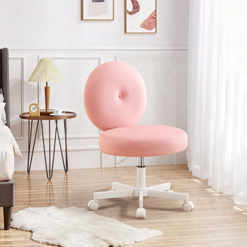 Upholstered Armless Task Office Chair, Ergonomic Height Adjustable Velvet Vanity Chair, Pink