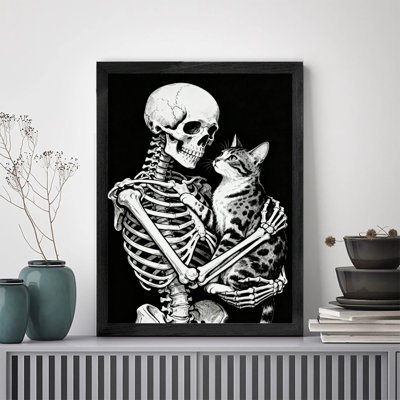 Art encadré noir rétro Le contraste entre la vie et la mort et la chaleur, squelette embrassant un chat, art mural