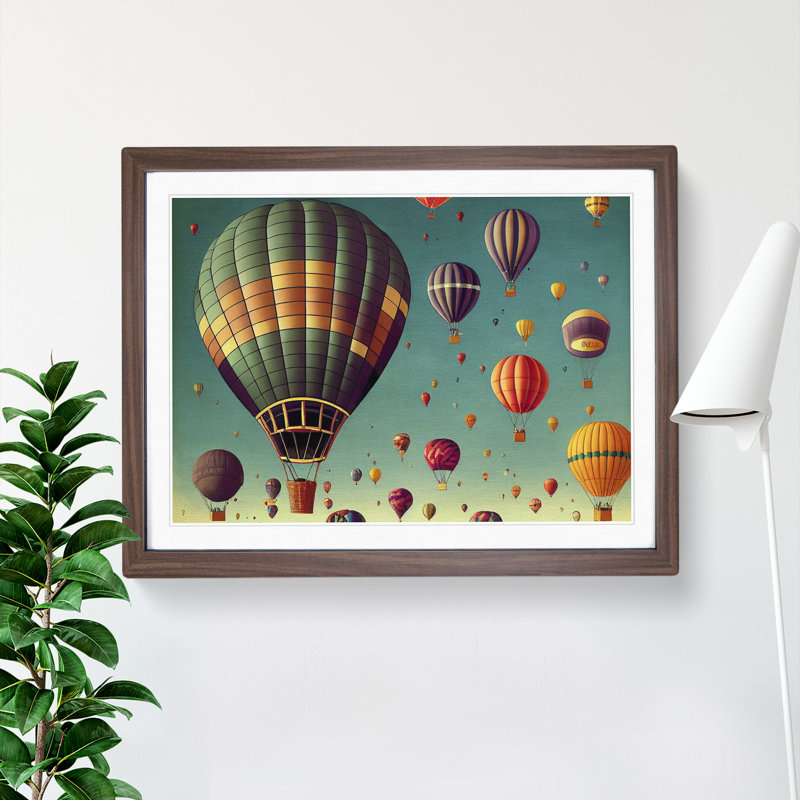 Retro Hot Air Balloons - Single Picture Frame Painting, Walnut Framed, 46cm H x 64cm W x 2cm D