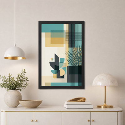 Toile murale aux motifs géométriques turquoise et beige avec feuille de palmier