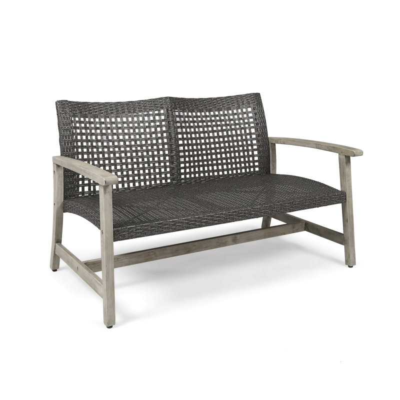 Outdoor Acacia Wood Wicker Loveseat, Patio Furniture Conversation Set For Backyard, Gray
