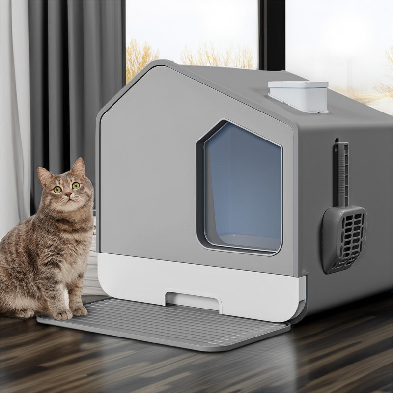 Adona Plastic Enclosed Litter Box with Scoop, Grey