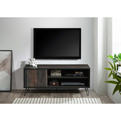 Meuble télé moderne en imitation bois avec rangement à plusieurs niveaux