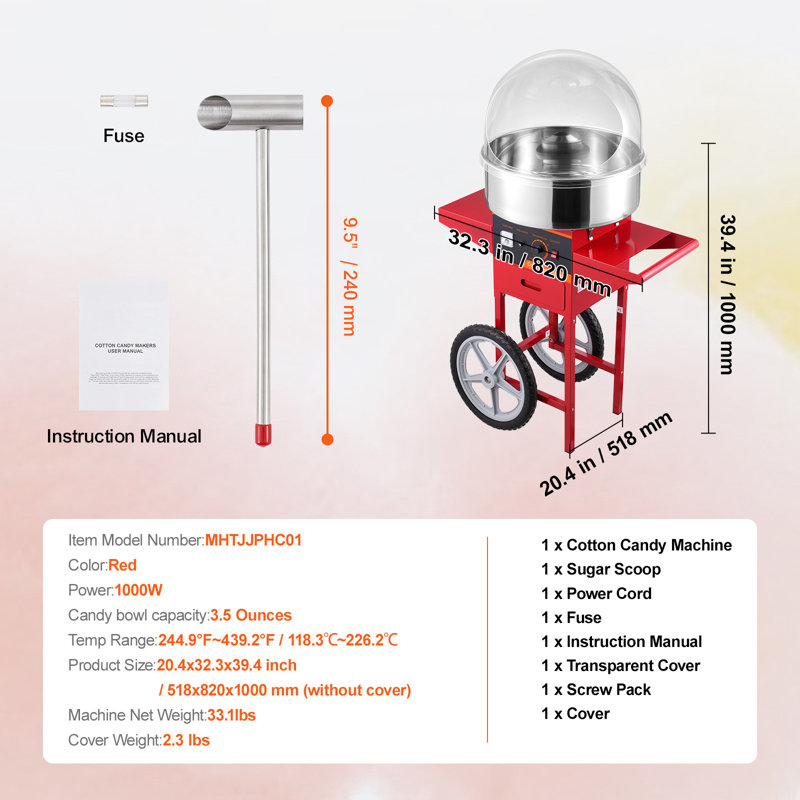 Electric Cotton Candy Machine with Cart, 1000W Commercial Candy Floss Maker with Cover, Stainless Steel Bowl, Sugar Scoop and Drawer, Perfect for Home, Kids Birthday, Family Party, Red