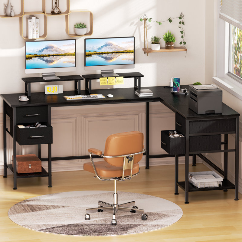 66” L-Shaped Computer Desk with Power Outlet, 29.1" H x 66.1" W x 47.2" D, Black