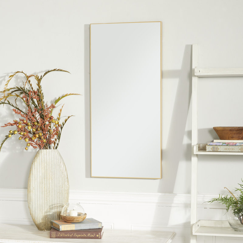 Wooden Wall Mirror with Thin Minimalistic Frame, 30" x 14", Gold