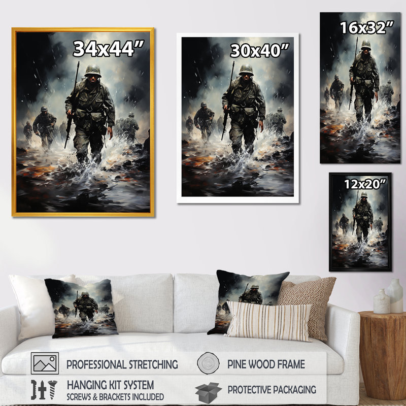 Army D Day Invasion I - Art mural militaire, Toile tendue, H 44 po x l 34 po x P 1,5 po