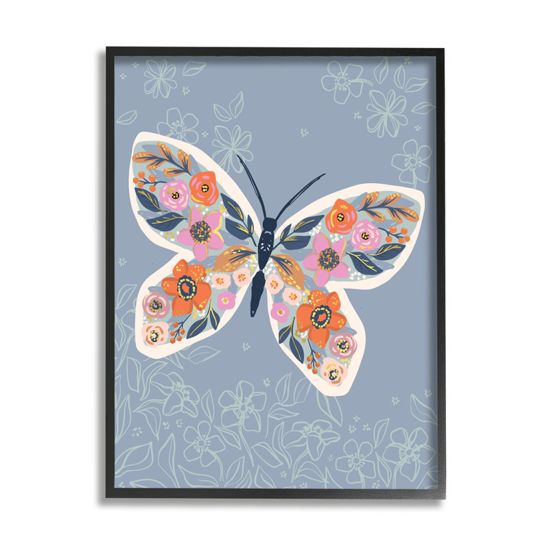 Floral Butterfly Wings Print on Blue Canvas with Black Frame
