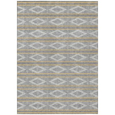 5' X 8' Gray Ivory And Brown Geometric Washable Indoor Outdoor Area Rug