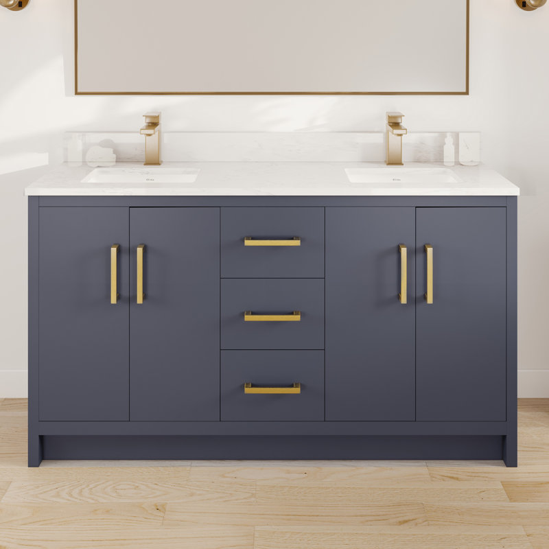 Meuble-lavabo double l 60 po x P 18 po Ilsa avec comptoir en quartz de Carrare blanc et lavabos en porcelaine encastrable