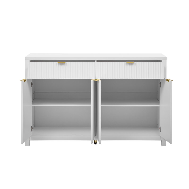 Buffet U_STYLE moderne de 55,1 po avec 2 tiroirs et 4 portes, tablettes réglables, motif à vagues, poignées en aluminium, panneau de fibres à densité moyenne peint, rangement scandinave pour la salle à manger et le salon