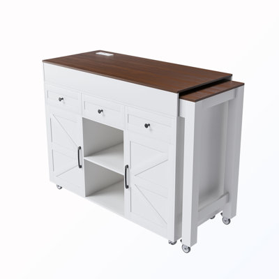 Rolling Extendable Kitchen Island With Power Outlet And Drawers & Cabinet