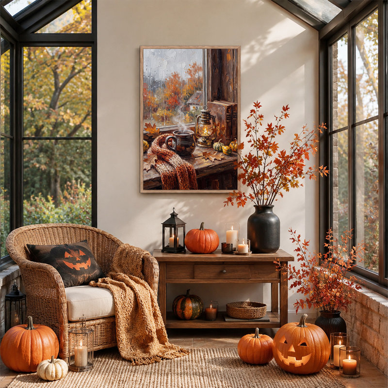 Scène d'automne à la fenêtre avec tasse fumante et lanterne - Toile murale d'Halloween, 48"H x 32"W