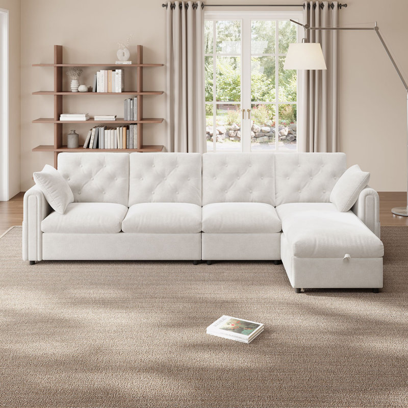 Modern Velvet L-Shaped Sectional Sofa with Reversible Storage Chaise, Tufted Back & Side Pockets, Beige