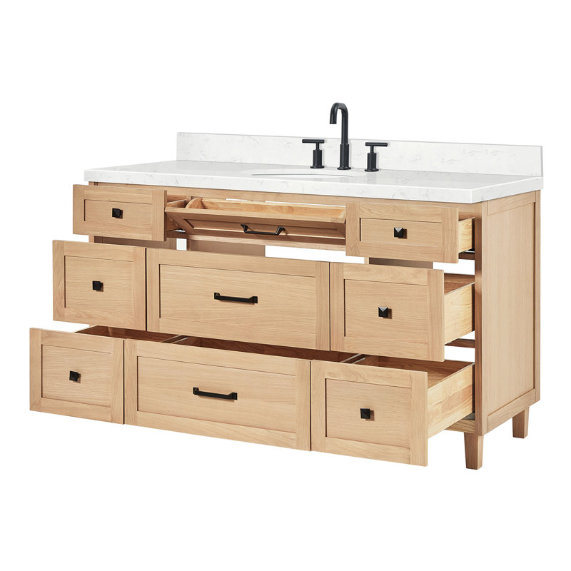 ARIEL Monroe 60 Single Sink Bathroom Vanity with Carrara Quartz Top, Oak