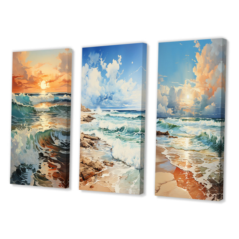 «Beach Photo Seaside Reflections», 3 pièces sur toile, Toile tendue, H 32 po x l 48 po