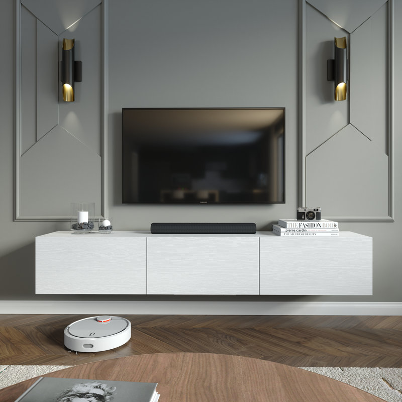 Colima Modern Floating TV Stand Up to 80" TVs Wall-Mounted Media Console with Storage Cabinet, White Wood Grain