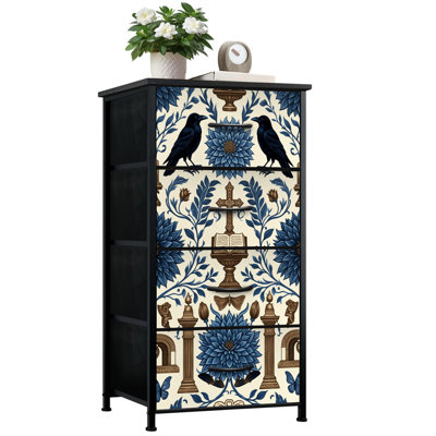 Commode pour la chambre à coucher avec 4 tiroirs de rangement éléments floraux foncés papillons rétro or bleu et commode Commode en tissu pour chambre d'enfant