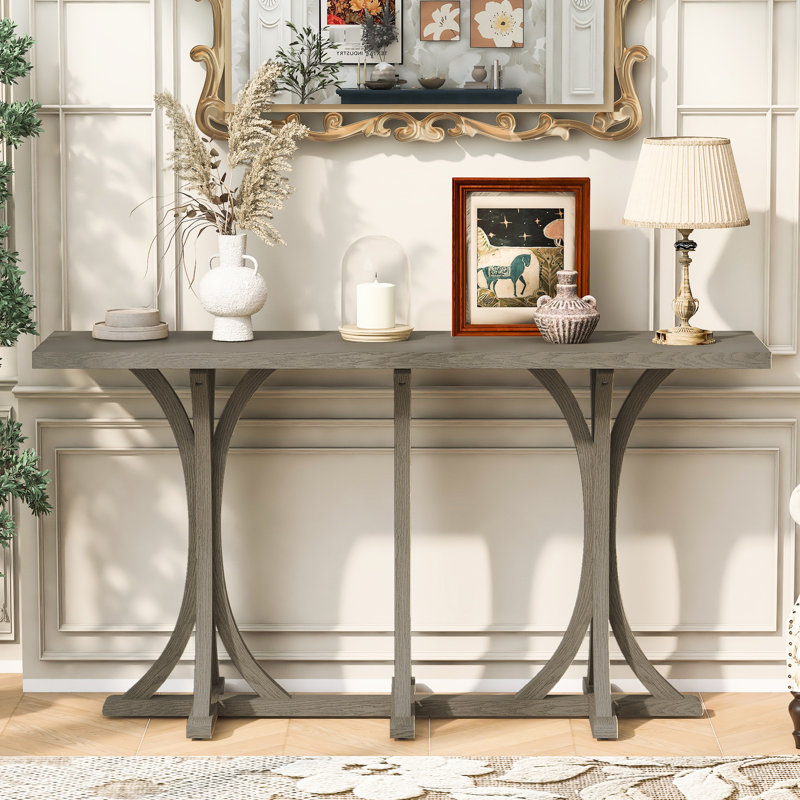 Console d'entrée de 152 cm (59,8 po) avec motif en U, fini placage chêne, pieds en bois d'hévéa, surface lisse idéale pour exposer des objets décoratifs, couloir étroit et incurvé peint