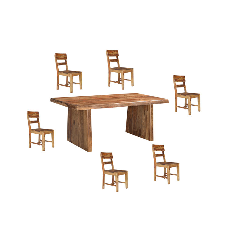 Ensemble de salle à manger 7 pièces en bois massif avec chaises à dossier échelle et table Live Edge, Naturel