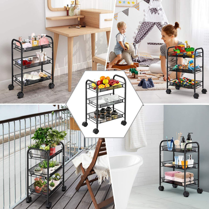 Sturdy 3-Tier Rolling Storage Cart With Mesh Trays, Carbon Steel, 17.7''W X 10.2''D X 24.8''H, Black, For Indoor Use