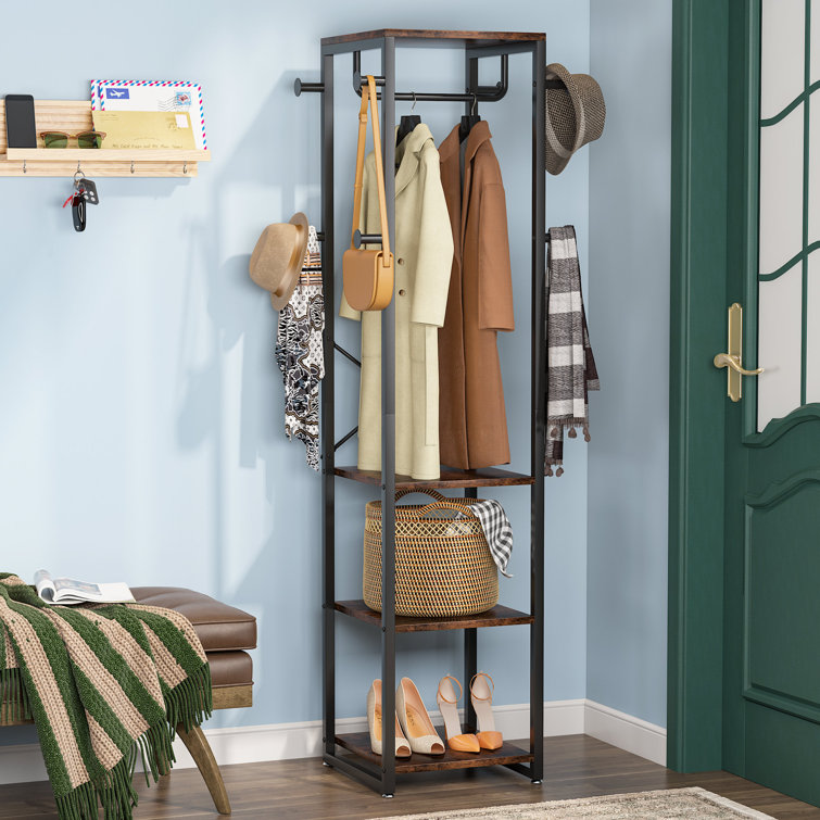 Free Standing Closet Organizer, Entryway Bench with Coat Rack freestanding,  Metal Garment Rack with 5 Hooks Shelves for Hanging Clothes and Storage,  Open Wardrobe Rack for Bedroom Living Room Entryway-Black