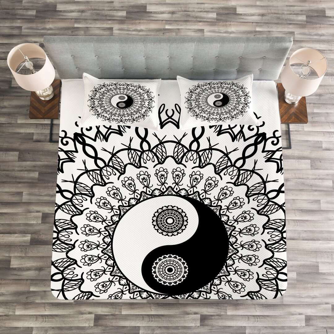 Gestepptes Bettdecken-Set, Mandala Weinlese Boho, japanisch, Weiß Schwarz