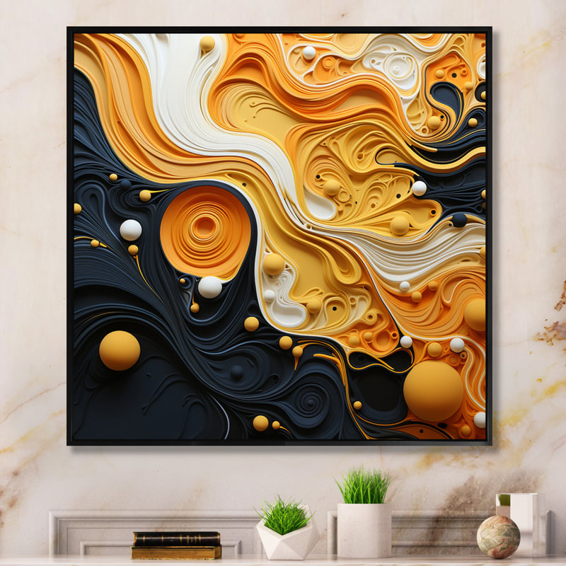 " Orange Black Minimalism Flowing Harmony ", Black Floater Framed Canvas, 24" H x 24" W