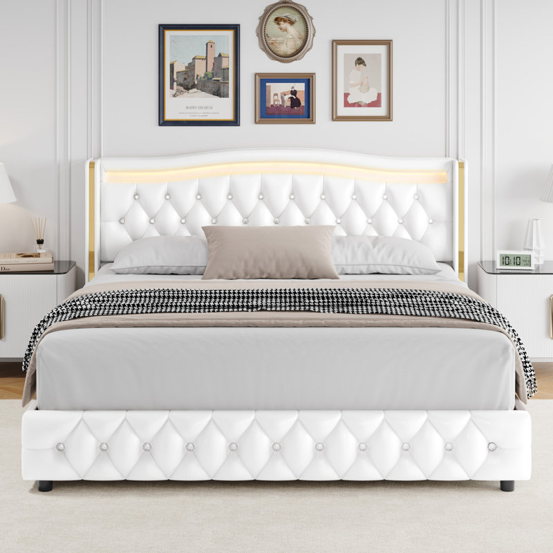 Areyon Upholstered Wingback Storage Bed, White, Queen