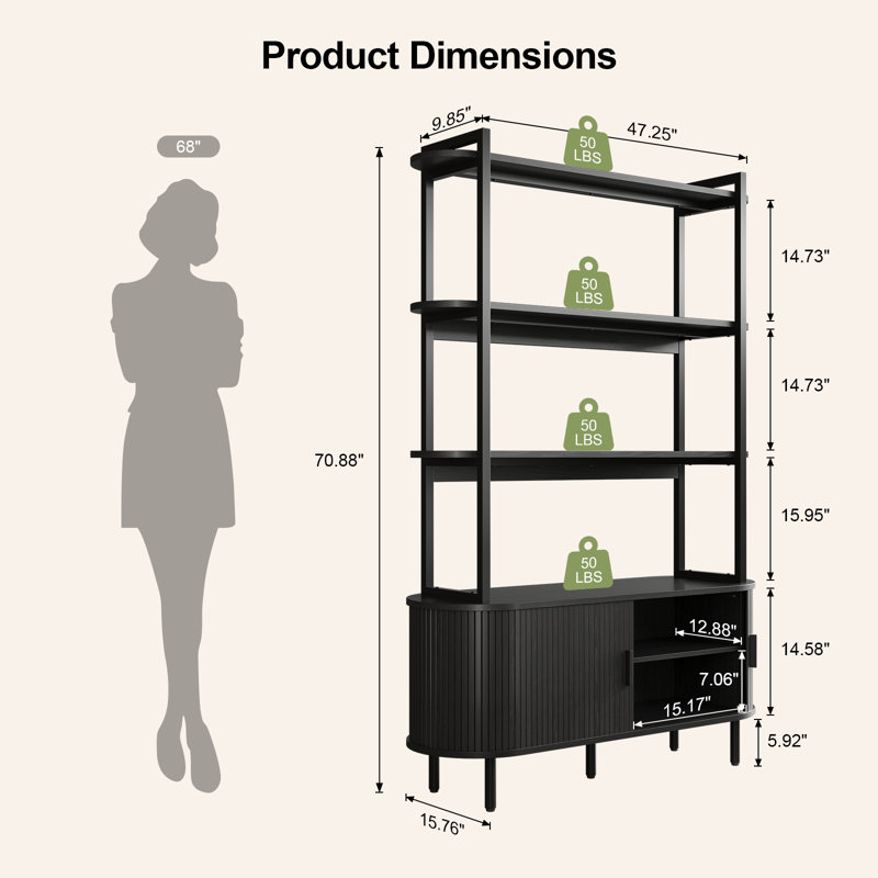 71''H Bookcase With Curved Storage Cabinet, 4-Tier Bookshelf With Tambour Sliding Door & Adjustable Leg, Black
